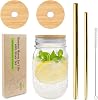 Mason Jar Lids with Straw Hole, CNVOILA ECO Reusable Bamboo Mason Jar Lids for Regular Mouth Mason Jar with 2 Reusable Stainless Steel Straw – 2 LIDS & Golden Straw