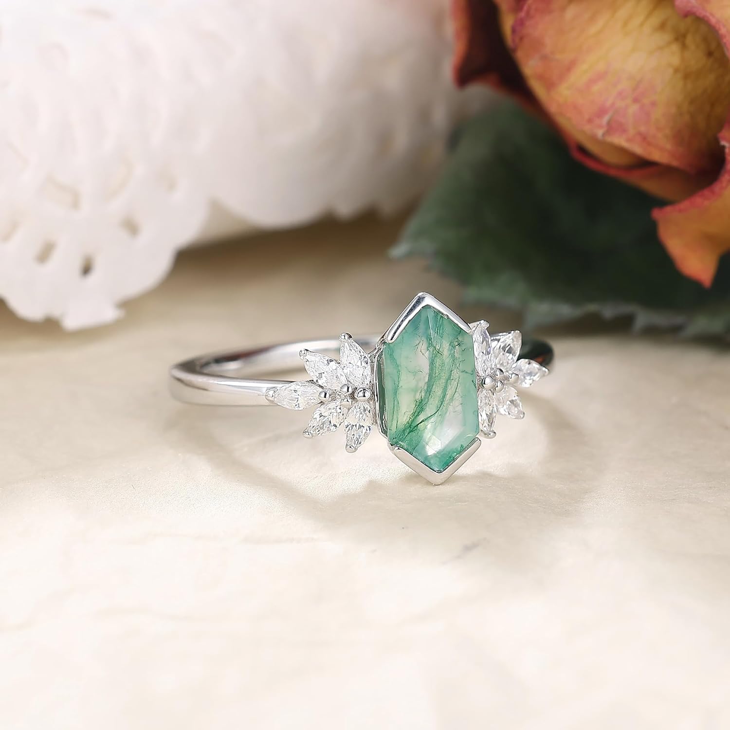 Natural Moss Agate Wedding Ring for Women 925 Sterling Silver Art Deco Green Gemstone Promise Ring for Her Size 4-9