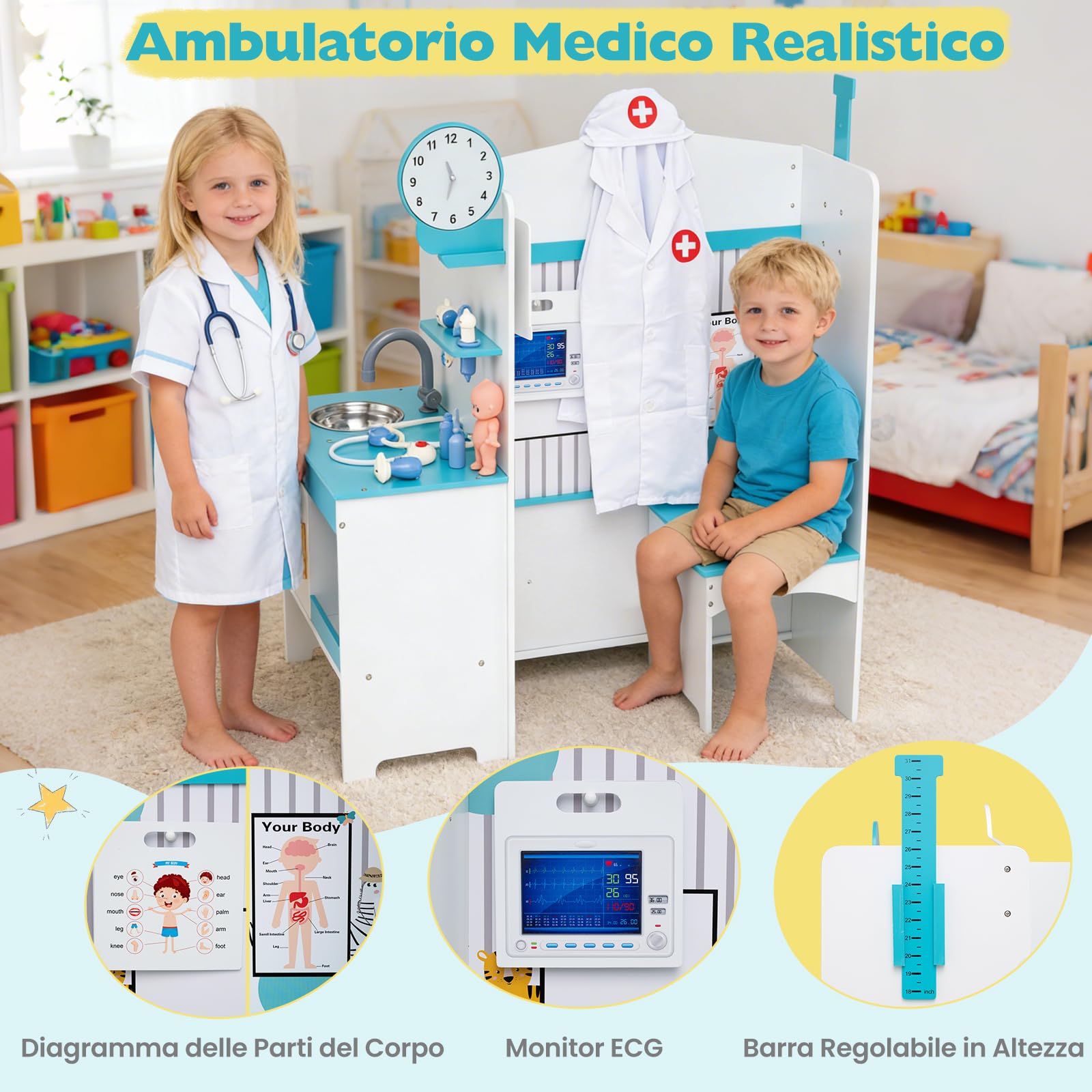 COSTWAY Kit Dottoressa Bambini a Tre Facce, Centro Medico Giocattolo in Legno con Monitor ECG, Rubinetto e 27 Accessori, Luci e Suoni, Regalo Bambini 3-6 Anni, 93 x 54,5 x 98,5 cm