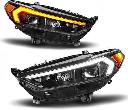AmeriLite for 2013-2016 Ford Fusion Switchback LED Signal Square Projector Headlight Set - Passenger and Driver Side