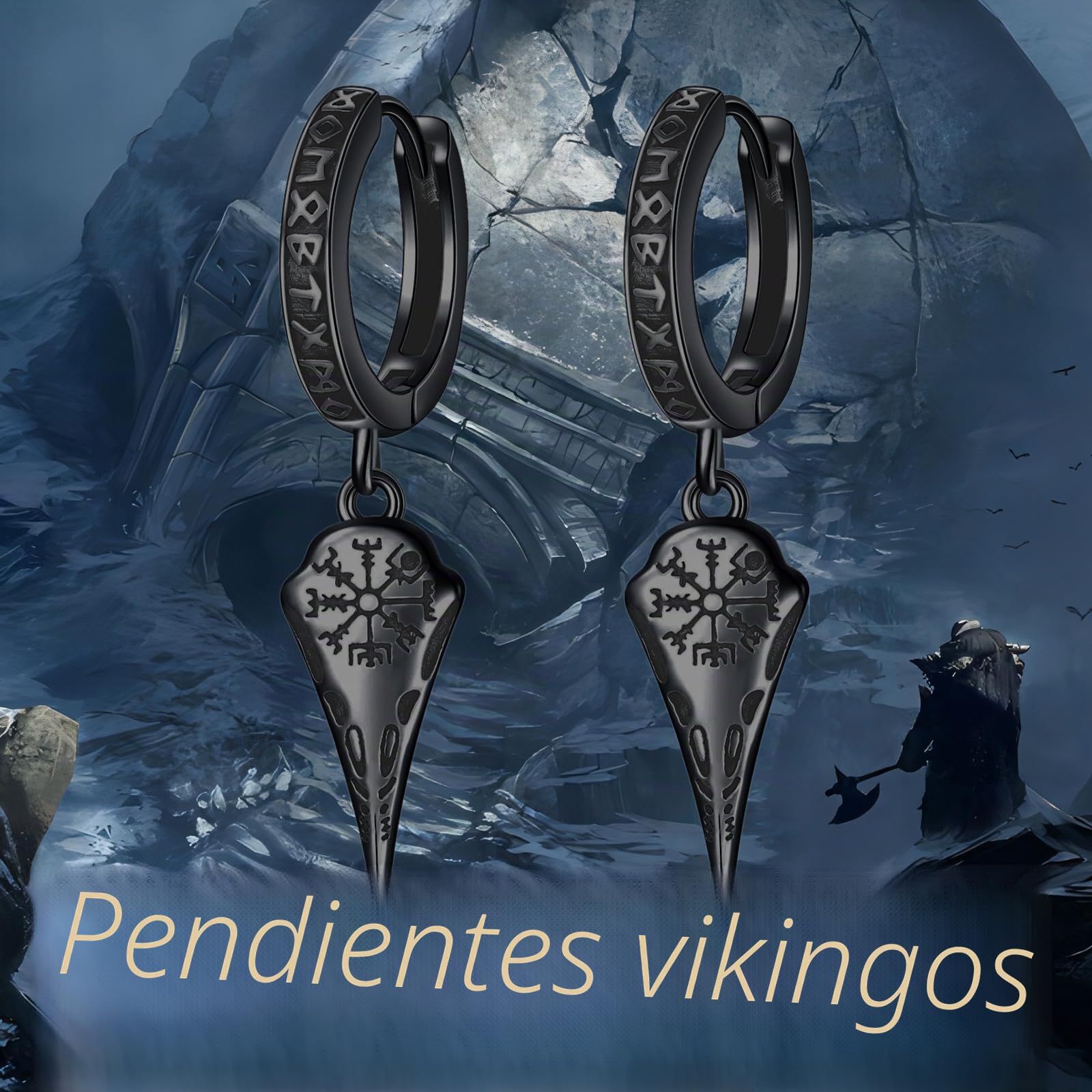 ROMANTICWORK Pendientes vikingos de plata de ley 925 para hombres y mujeres vikingos cuervo/picos colgantes Huggie pendientes nórdicos vikingos runas joyas regalos