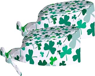 Working Cap with Sweatband Button Tie Back Hats St Patrick's Day Green Clover Shamrock Floral Spring Work Hat Skull Cap for Women Men 2 pack