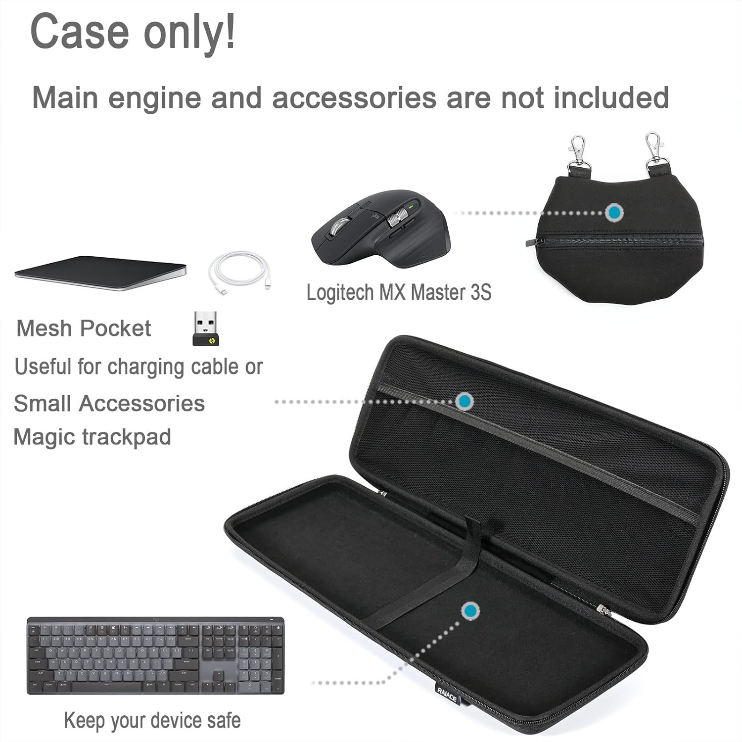 RAIACE Hard Storage Case Compatible with Logitech MX Mechanical Wireless Illuminated Performance Keyboard. (Case Only) - Black - Image 2