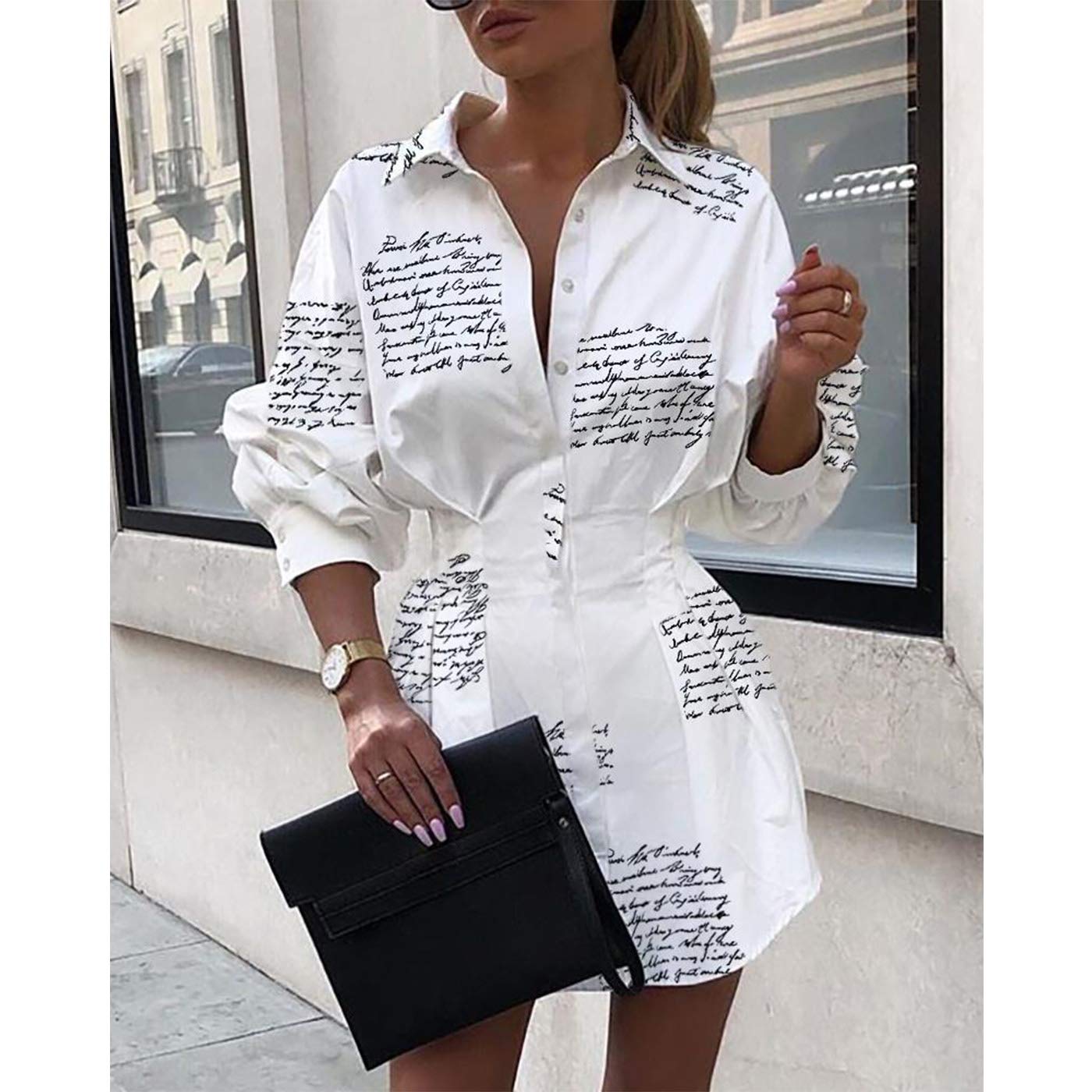 Sexy Mini Shirt Dress for Women - Casual Button Down Blouse Long Sleeve V Neck Belted Shirts Blouse Top Short Dress