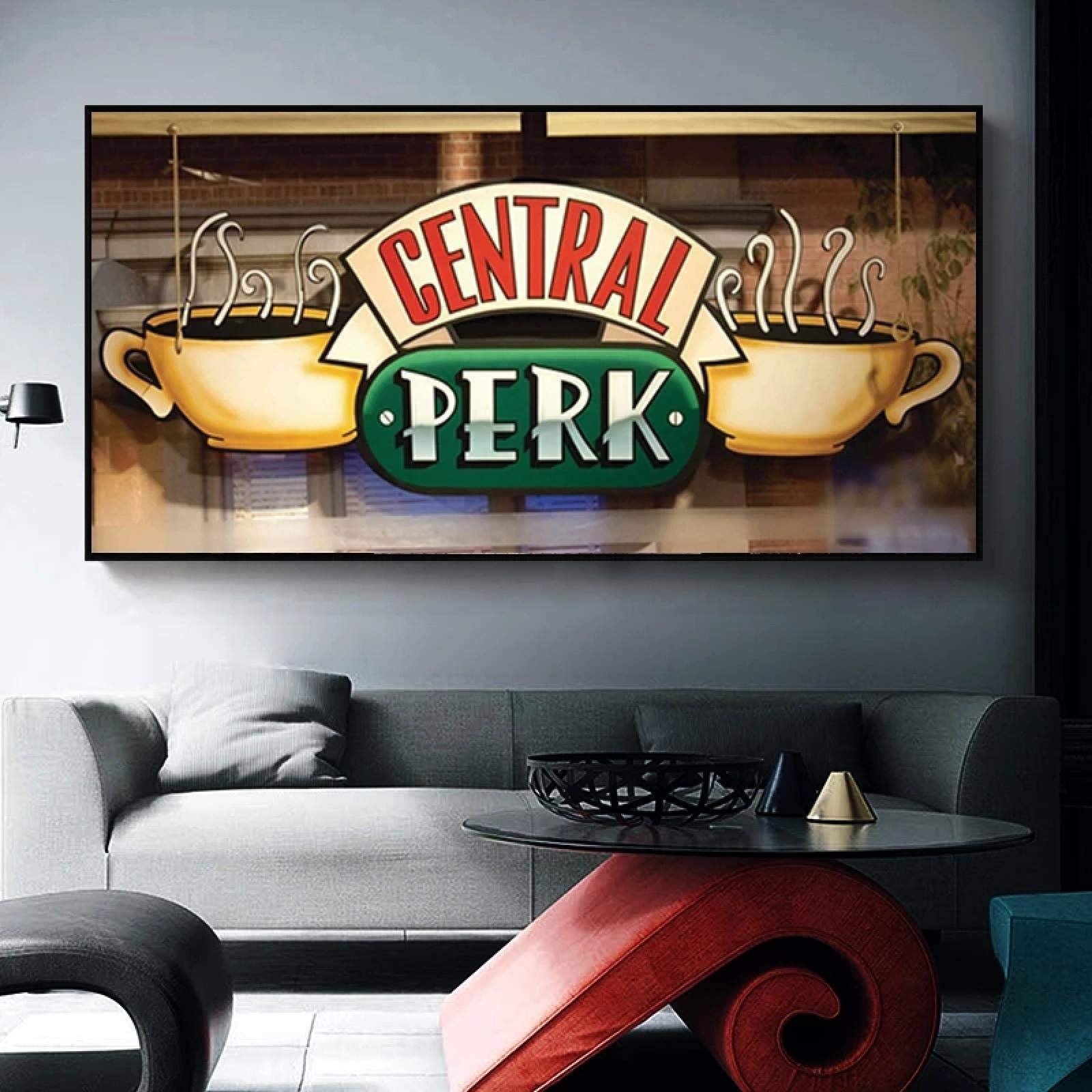 HYFBH Cornice Nera Grande Central Perk Cafe Tela Dipinto Amici Serie TV Poster e Stampe Immagine di Arte della Parete per Soggiorno Decor 95x190 cm (37x75 in) con cornice