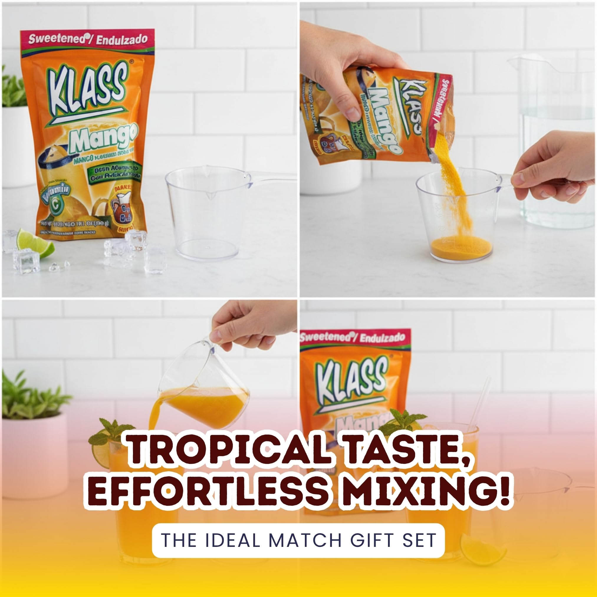 Klass – 2x Klass Bev Mix Mango Sweetened 14.1 OZ Bundle with Plastic Clear Measuring Cup – Refreshing Mango Flavored Drink Mix with Vitamin C for Quick Mixing and Easy Preparation Gift Set (3 Items)