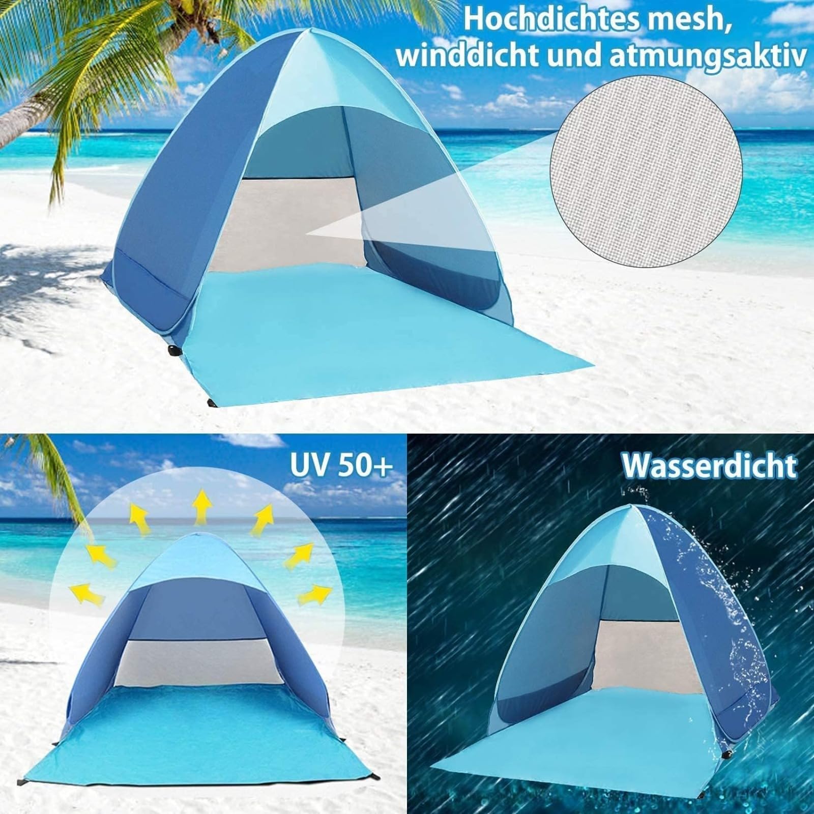 Pop Up - Tenda da spiaggia automatica, tenda da spiaggia, anti-UV, protezione solare UPF 50, per giardino, campeggio, viaggi, pesca, pic-nic e sport all'aria aperta