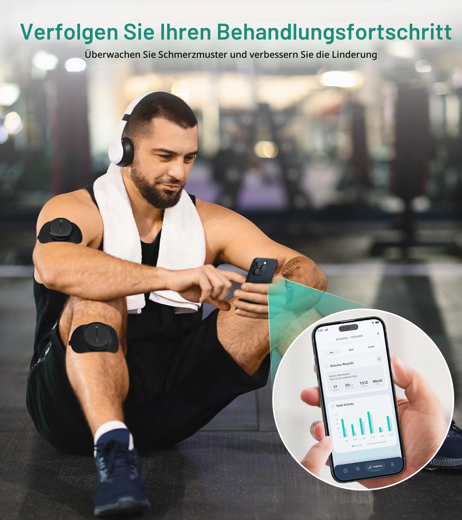 Medcursor TENS Gerät Muskelstimulator – Kabelloses 3-in-1 Dual-Channel EMS mit App Steuerung & Speicherfunktion, 25 Intensitätsstufen, 8 Programme, für Rückenschmerzen (Schwarz)