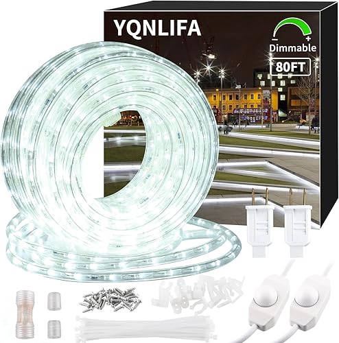 YQNLIFA Cuerda de luces LED regulables de 80 pies, 864 LED IP65 impermeable al aire libre interior enlazable cuerda de luz corta 110 V 6000 K luz