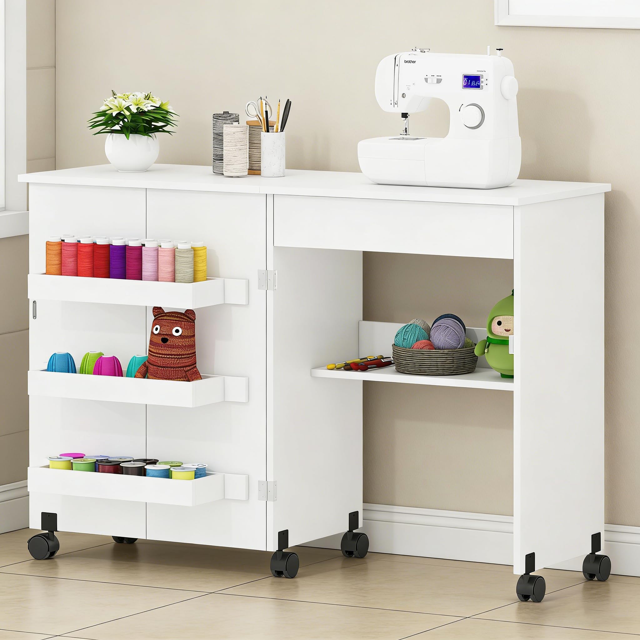 Nähtisch Klappbar & 2-in-1 Nähmaschinentisch – Mobiler Nähmaschinenschrank mit Rollen, 4 Ablagefächern & Schublade – Multifunktionaler Basteltisch & Schreibtisch für Wohnzimmer & Arbeitszimmer