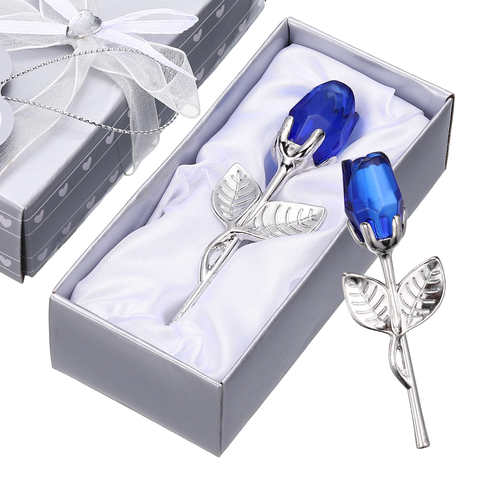 sourcing map 2 Pcs Mini Crystal Rose with Box, Romantic Crystal Rose Flowers Rose Gifts for Birthday Valentine's Day Gifts, Blue&Silver
