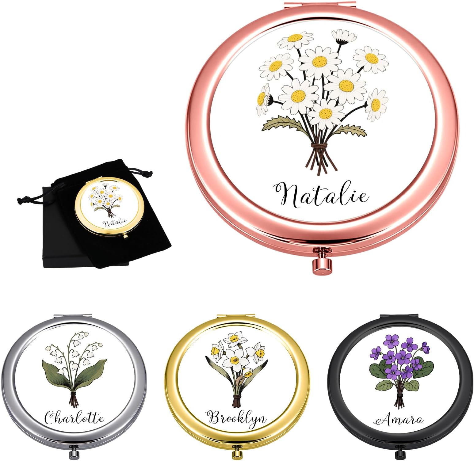 Personalized Compact Mirror Gifts for Women,Custom Birth Flower Mirrors Gift for Mom Grandma,Xmas Stocking Stuffers for Women Girl Daughter Sister,Wedding Bridal Shower Gifts for Bridesmaid(M010)