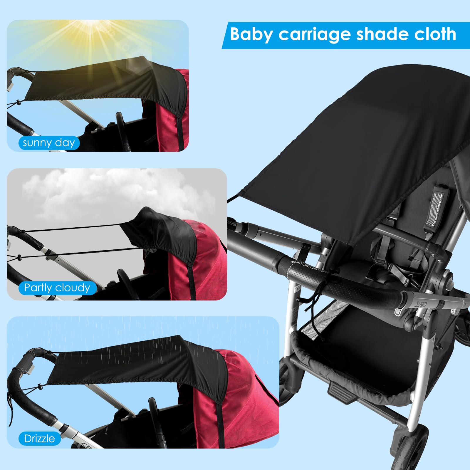 Bighan Pram Sun Shade Sunshade Cover Windproof and Waterproof Buggy Sun Shade for Baby Stroller Black - Image 2