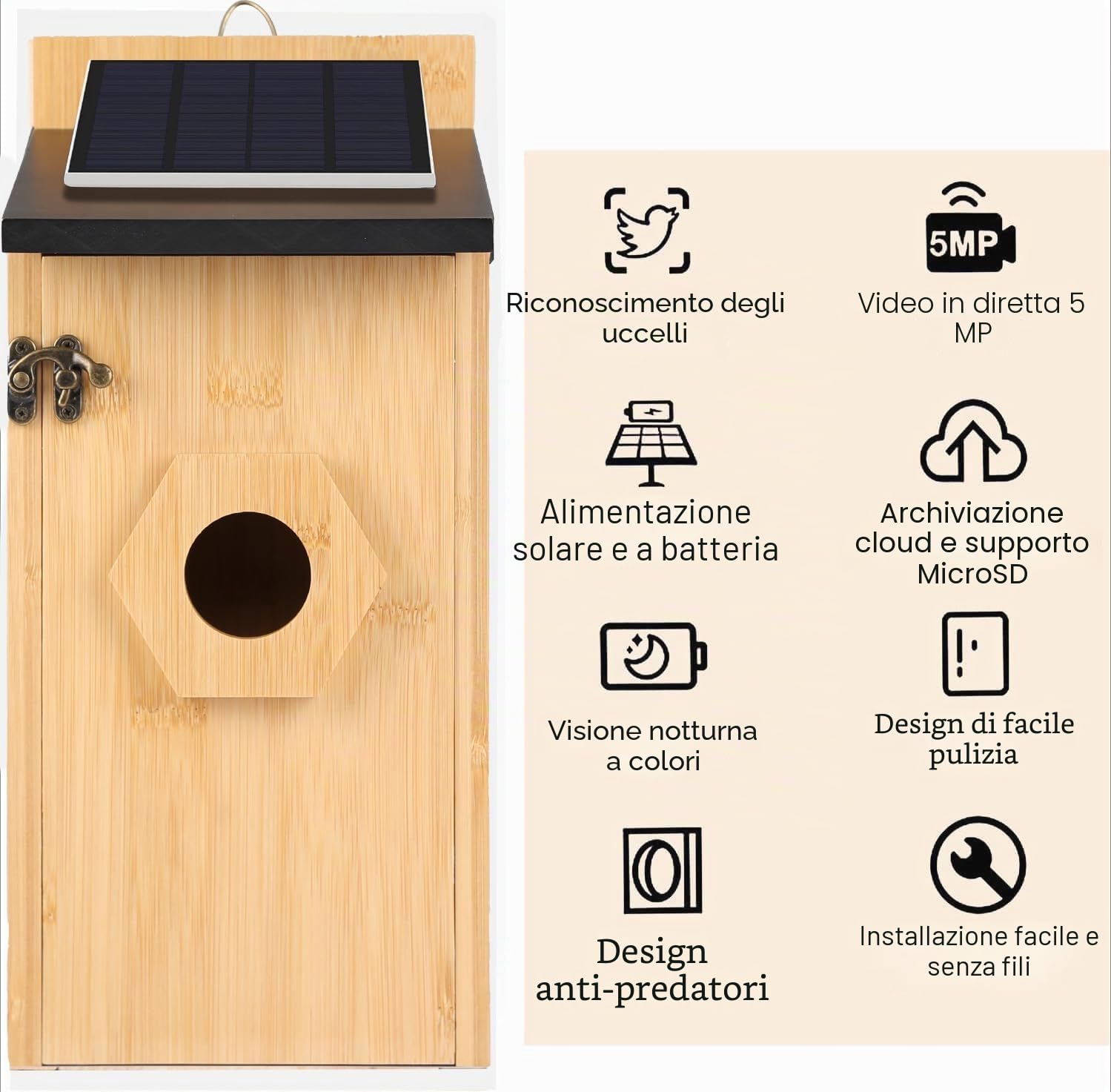 Casetta per uccelli con fotocamera, 5MP HD, per esterni, notifica WiFi 2,4 G e App, osserva la nidificazione e la schiusa, registrazione automatica di video degli uccelli e rilevamento del movimento