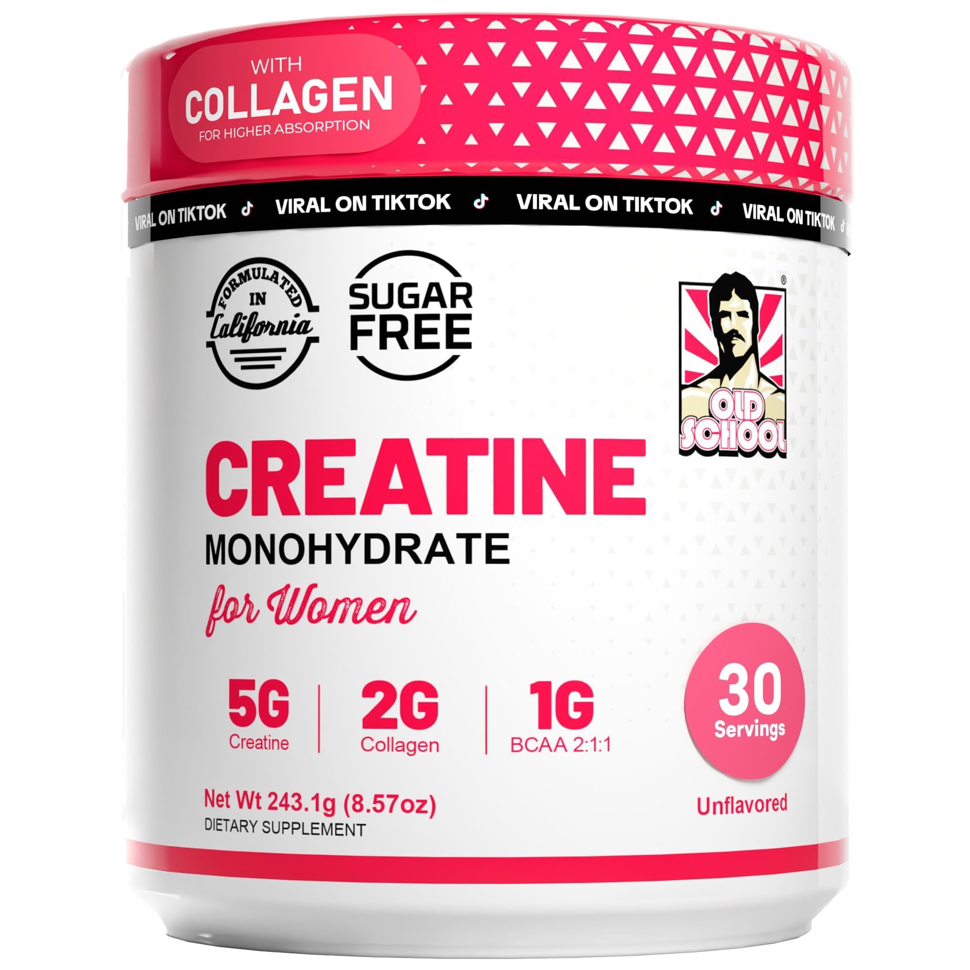 Old School LabsCreatine for Women Post-Workout Supplement - 5000mg Creatine, 2000mg Hydrolyzed Bovine Collagen & BCAA 2:1:1 for Lean Muscle Growth, Fast Recovery & Stamina - 30 Servings