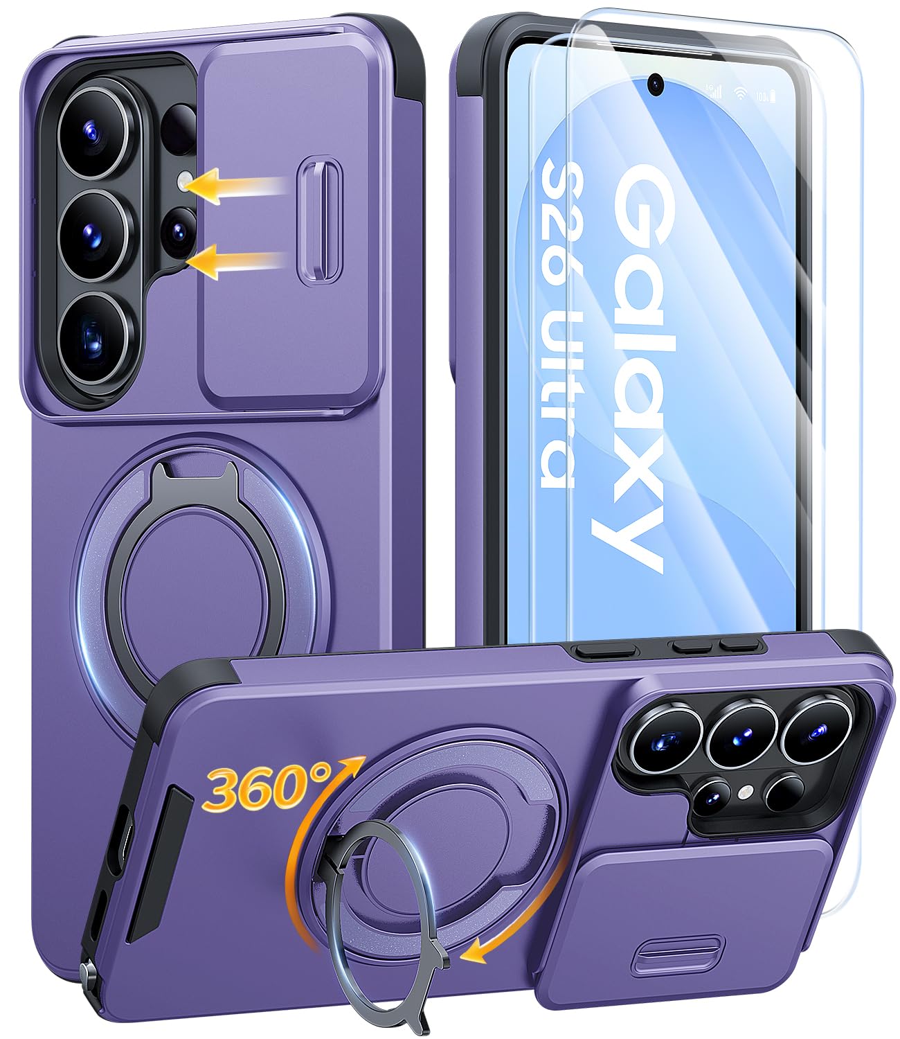 AOUIA for Samsung S26 Ultra Case and 2 Pack Screen Protector, Military Protection Shockproof Samsung Galaxy S26 Ultra Case with Slide Camera Cover & 360° Rotating Kickstand, Black — view 10