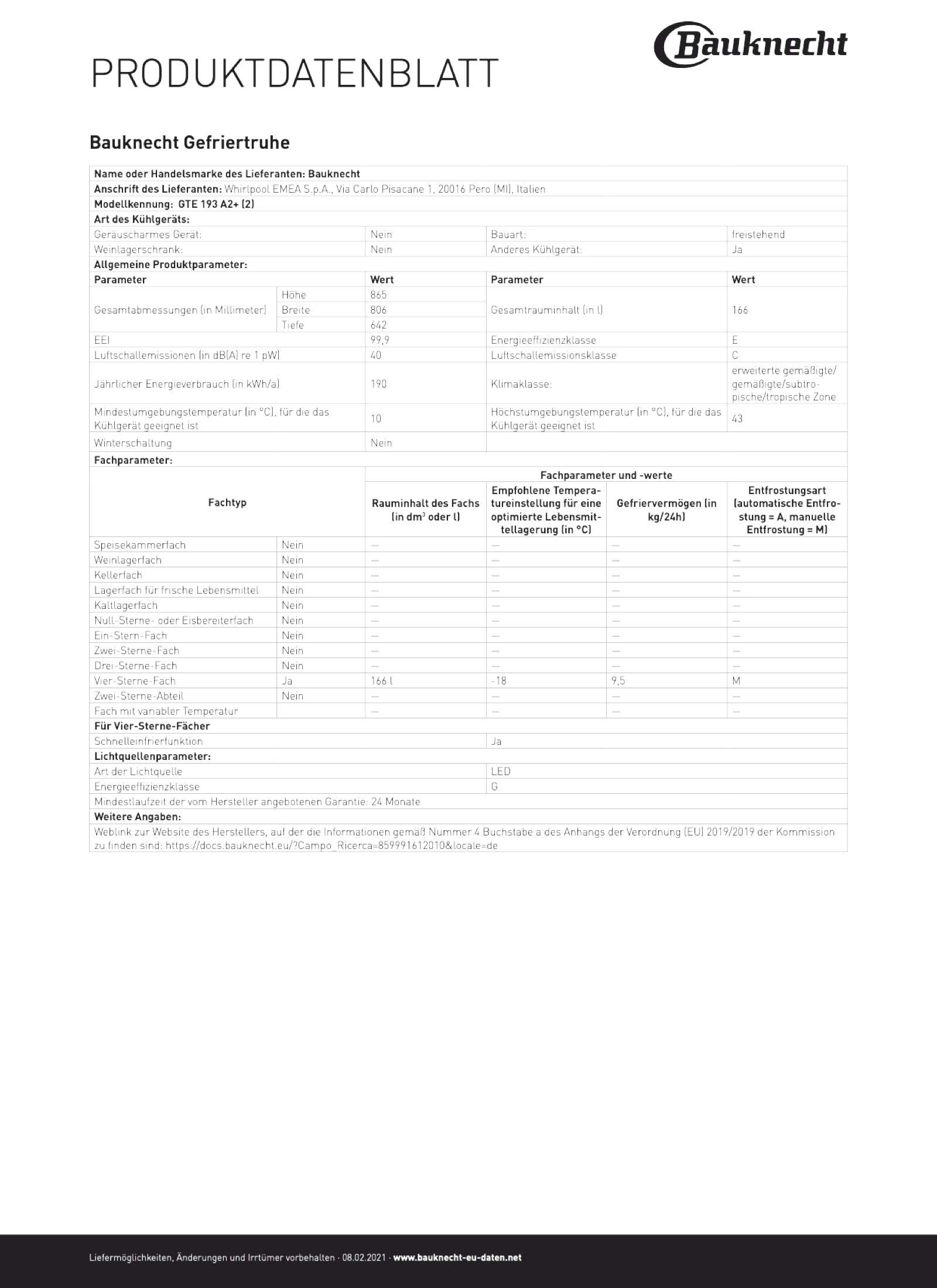 Bauknecht GTE 193 A2+ Gefriertruhe 164 L Supergefrierfunktion Temperaturalarm Weiß