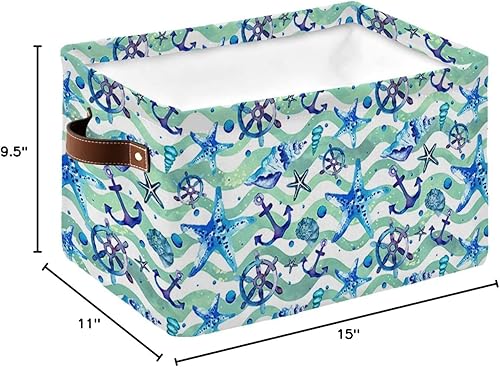 Miniatura 8 de Cesta de almacenamiento con temática oceánica para estantes, ancla náutica azul y rayas verdes, cubos de almacenamiento de tela, organizadores de