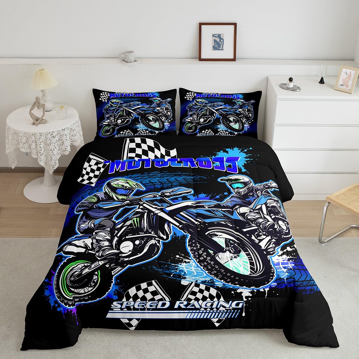 Feelyou Kids Blue Dirt Bike Bedding Set Twin Size, Extreme Sports Comforter Set Boys Girls Racing Motocross Comforter Motorcycle Teens Duvet Set Bedroom Decor with 1 Pillow Case