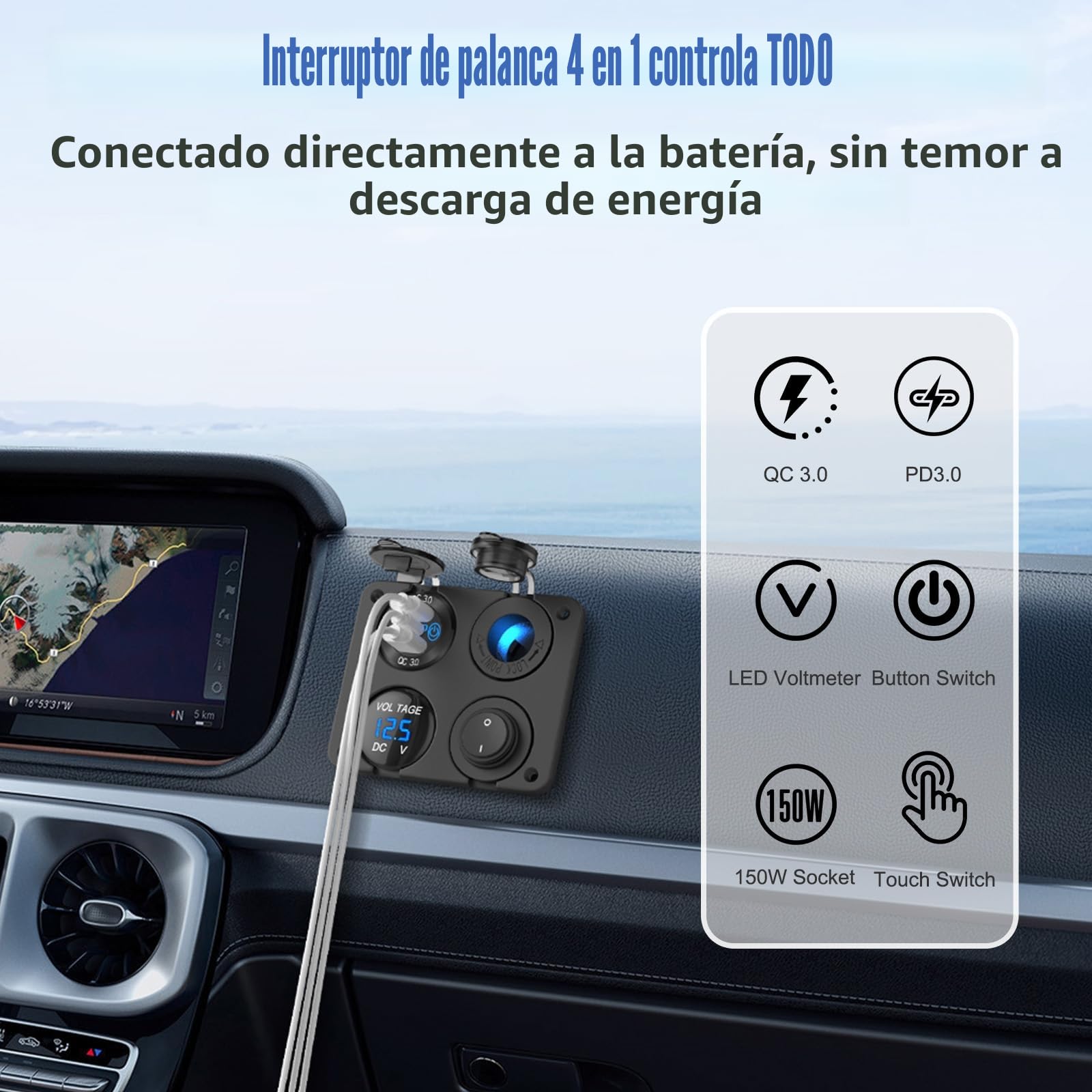 Toma USB de 12 voltios Accesorio RV 12V Marina Panel de Interruptores, Doble PD30W y QC18W Puerto USB Cargador de aluminio, 150W Enchufe del encendedor, Voltímetro azul e interruptor basculante