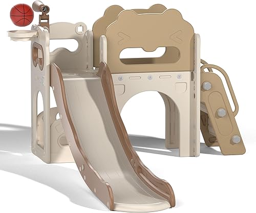 Miniatura 4 de Juego de tobogán y escalador 8 en 1 para niños, juego de tobogán para niños con telescopio de juego de baloncesto, parque infantil para interiores y