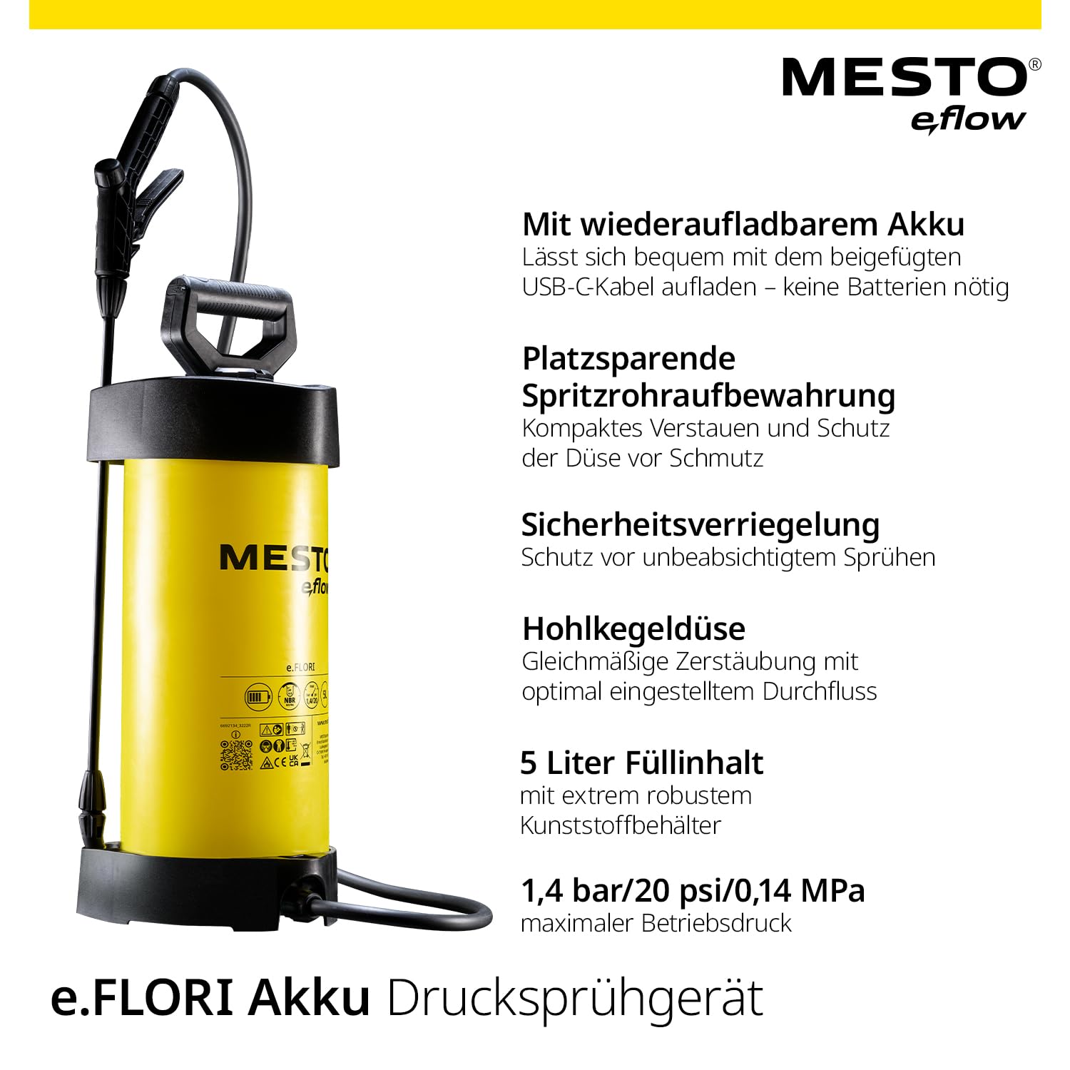 Mesto e.flow e.Flori Akku-Drucksprühgerät 5L | Akku Drucksprüher 1,4 bar | Akku Sprühgerät | Pumsprühflasche für Haus & Garten | Drucksprüher elektrisch | Pflanzensprüher | Gartenspritze & Unkrautspri