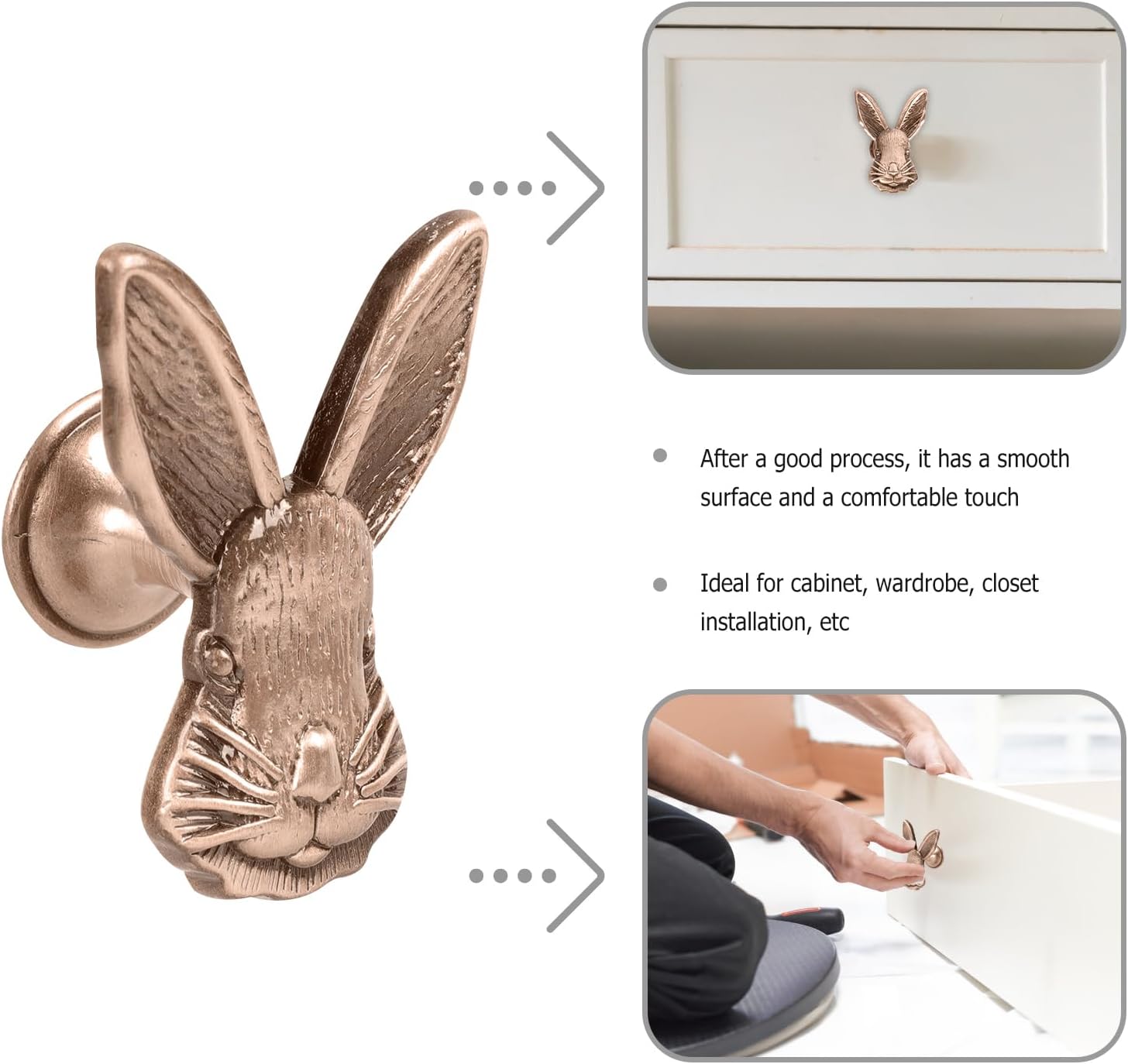 Generic Rabbit Shaped Drawer Knobs 6-Pack Zinc Alloy Cabinet Handles Decorative Furniture Accessories for Kitchen Bedroom Wardrobe Drawers 1.92X1.37X3.07In