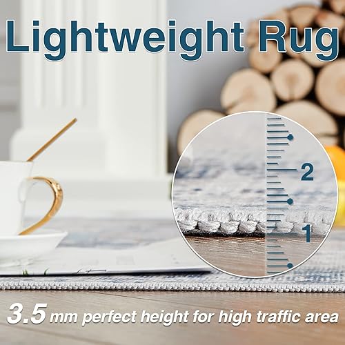 Miniatura 4 de jinchan Tapete redondo de felpilla de 5 pies, lavable, vintage para interiores, con estampado azul multi, desgastado, antideslizante para cocina,