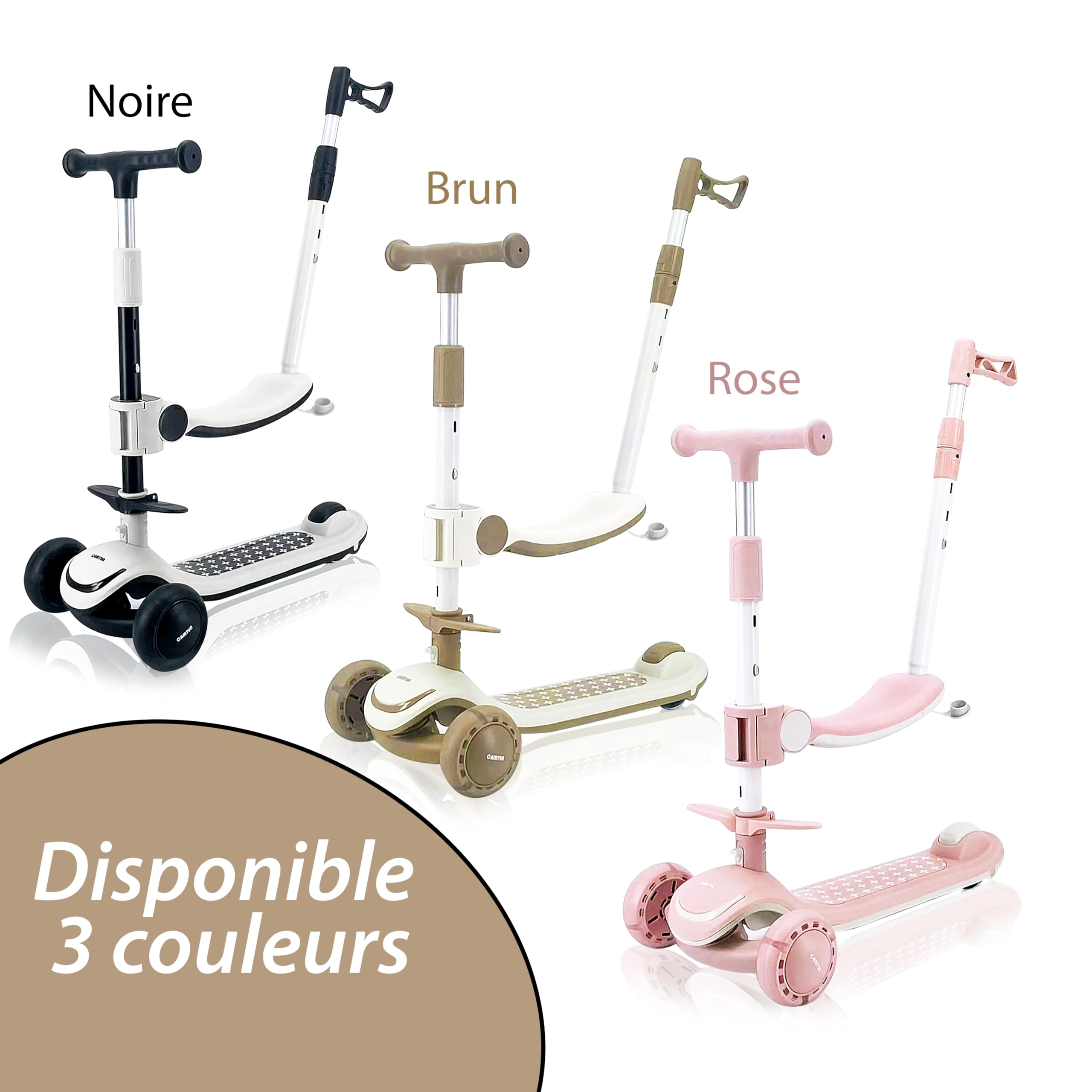 Draisienne Trottinette Enfant 3-en1 avec éclairage LED, Ajustable, Pliable, Roues en PU - Tricycle Bébé Évolutif, pour Les Enfants de 2 à 10 Ans Fille & Garçon
