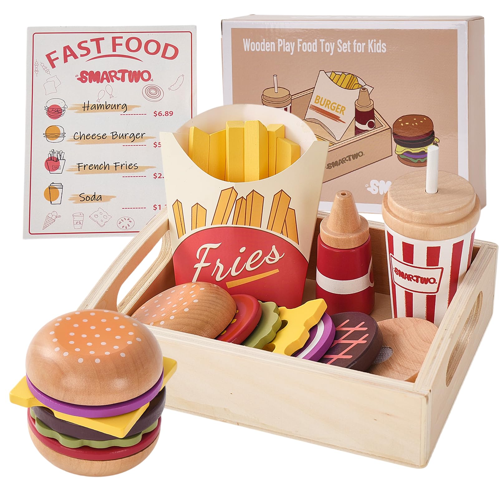 Smartwo Wooden Play Food Toy for Kids Kitchen, Wooden Burger Fries and Drink Set, Fast Food Playset, Toddlers Shop Accessories, Pretend Toys, Role Play Shopping, Gift for Boy Girl 3 4 5 6 Years Old
