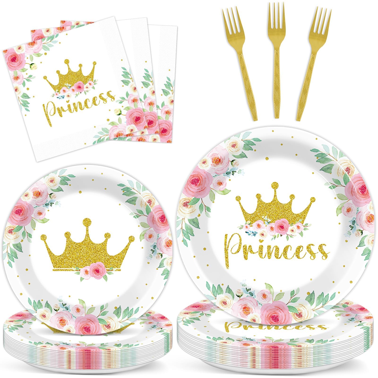 96Pcs Princess Party Supplies Princess Crown Paper Plates Napkins Pink Gold Crown Party Tableware Set Princess Floral Dinnerware for Girl Birthday Party Baby Shower Decoration Serve 24