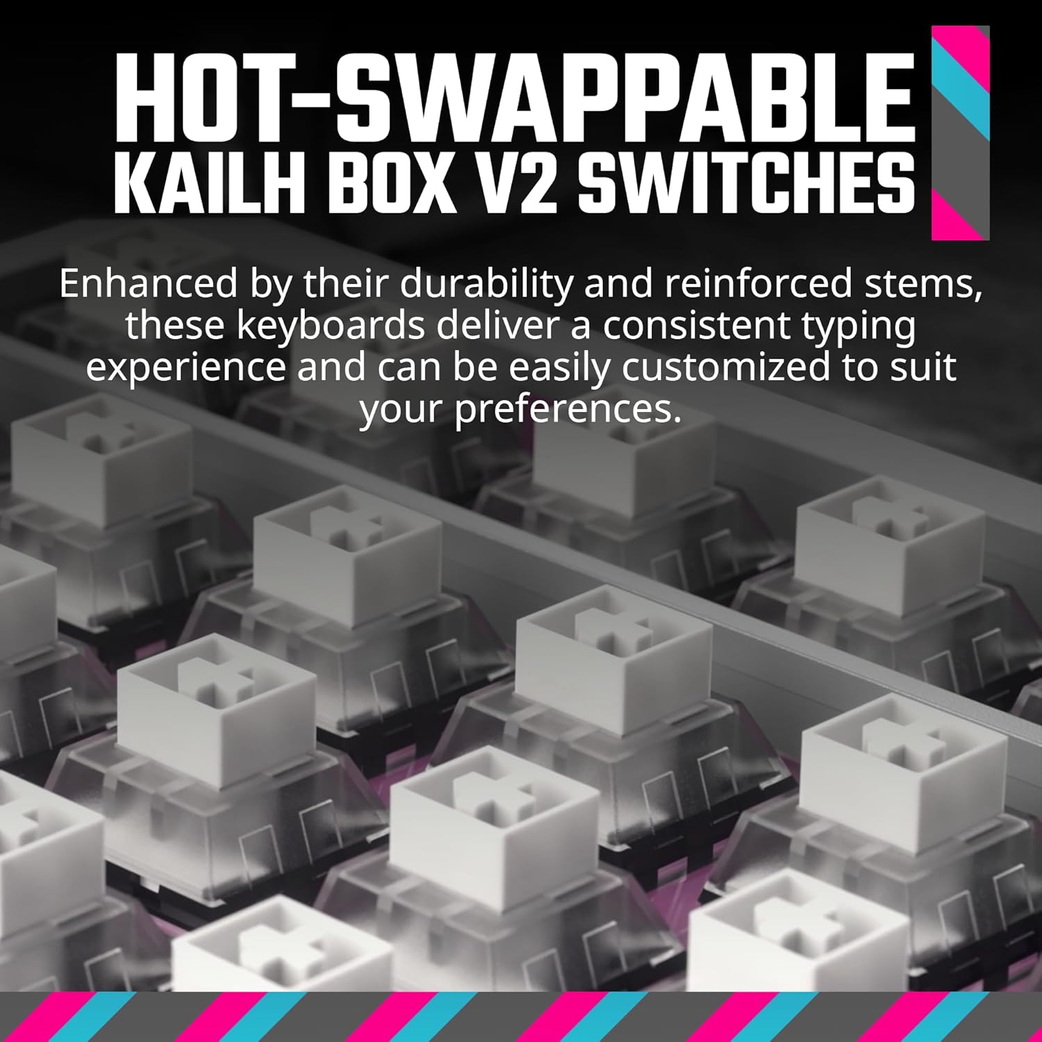 Close-up of Kailh Box V2 switches on the Cooler Master MK770 keyboard, showing their hot-swappable design.