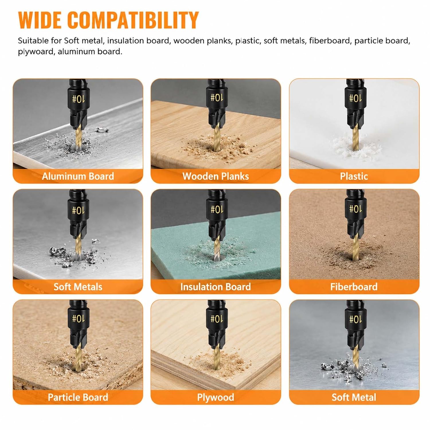 12PCS Countersink Drill Bit Set, 1/4" Hex Shank Chamfer Bits for Wood Plastic Soft Metal