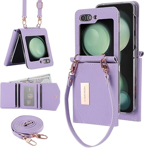 Funda tipo cartera para Samsung Galaxy Z Flip 5 con ranura de cuero integrada para efectivo y tarjetero de crédito. Correa de muñeca y protección de