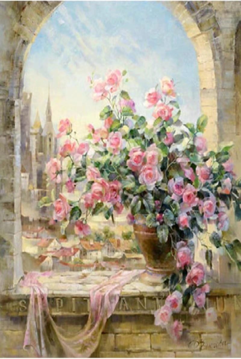 ESOOR 5D DIY Diamond Painting, Cross Stitch DIY Diamond Painting Kits Arts Pink Flower 12X16 Inches
