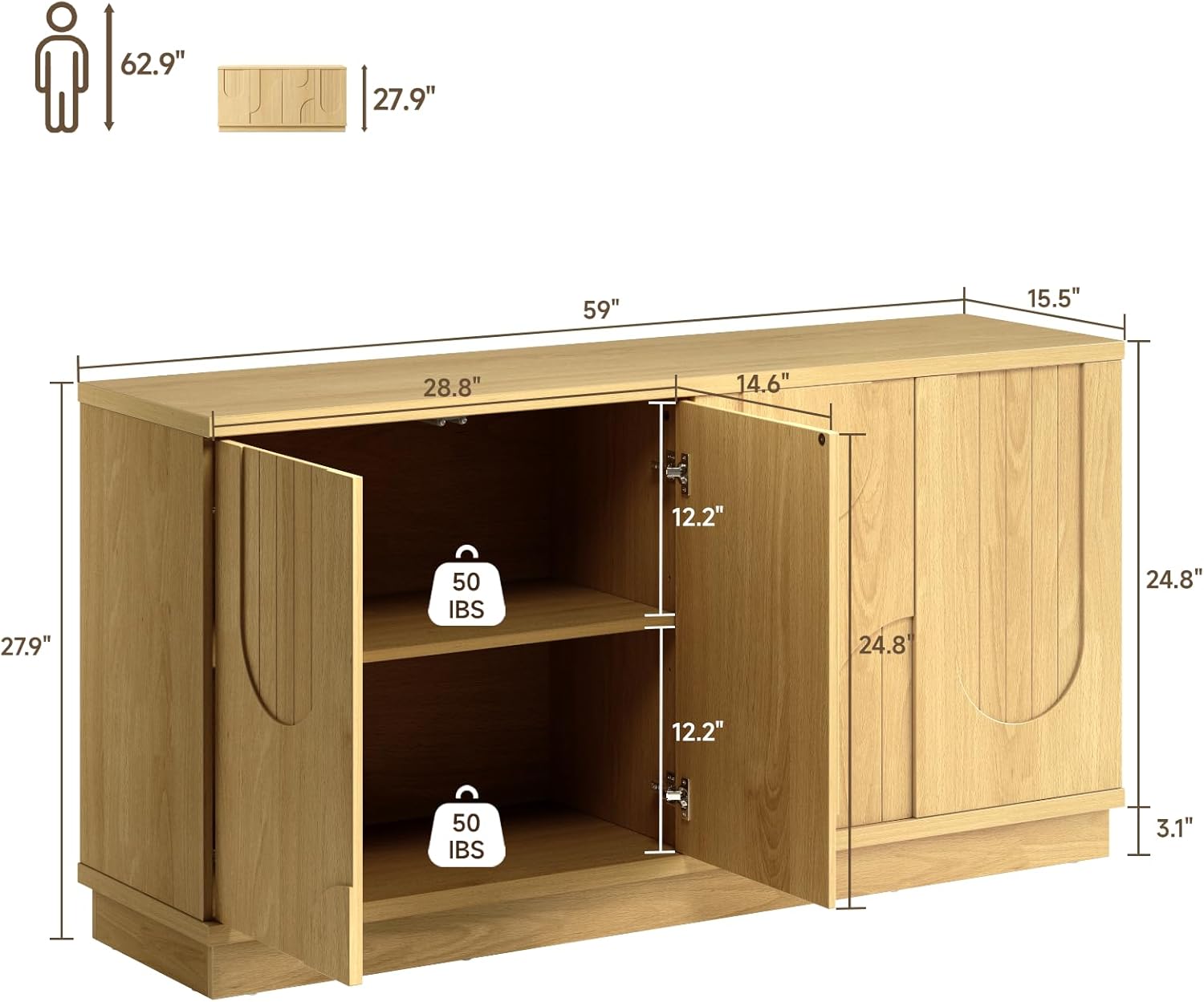 ONBRILL Modern 59" Sideboard Buffet Cabinet with Storage, Arched Finish Credenza Storage Cabinet, Coffee Bar Console Table with 4 Doors and Adjustable Shelves for Living Room, Hallway, Natural Oak