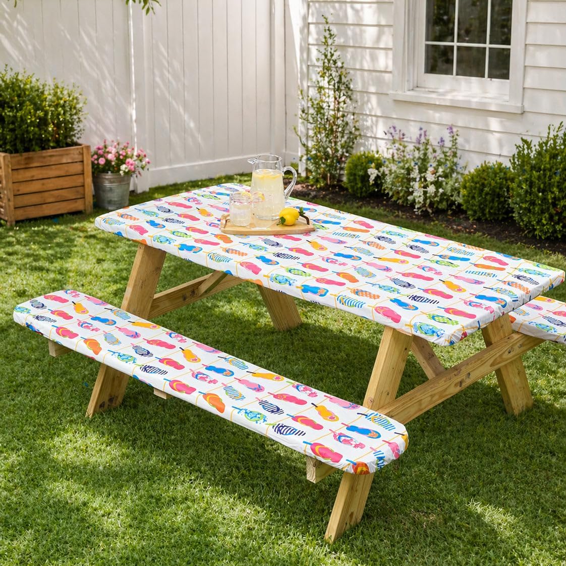 Lakeside Flip Flops 3-Pc. Vinyl Easy Fit Picnic Tablecloth