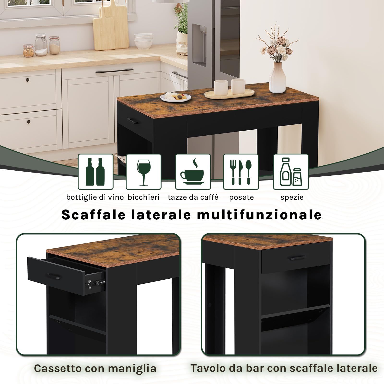 WOLTU Tavolo da Bar, Bancone da Bar con 1 Cassetto e 3 Ripiani, Tavolo Penisola per Cucina, Pub, Bistrot, Legno Ingegnerizzato (Senza assi di legno, Rustico + Nero, 100 x 50 x100 cm)