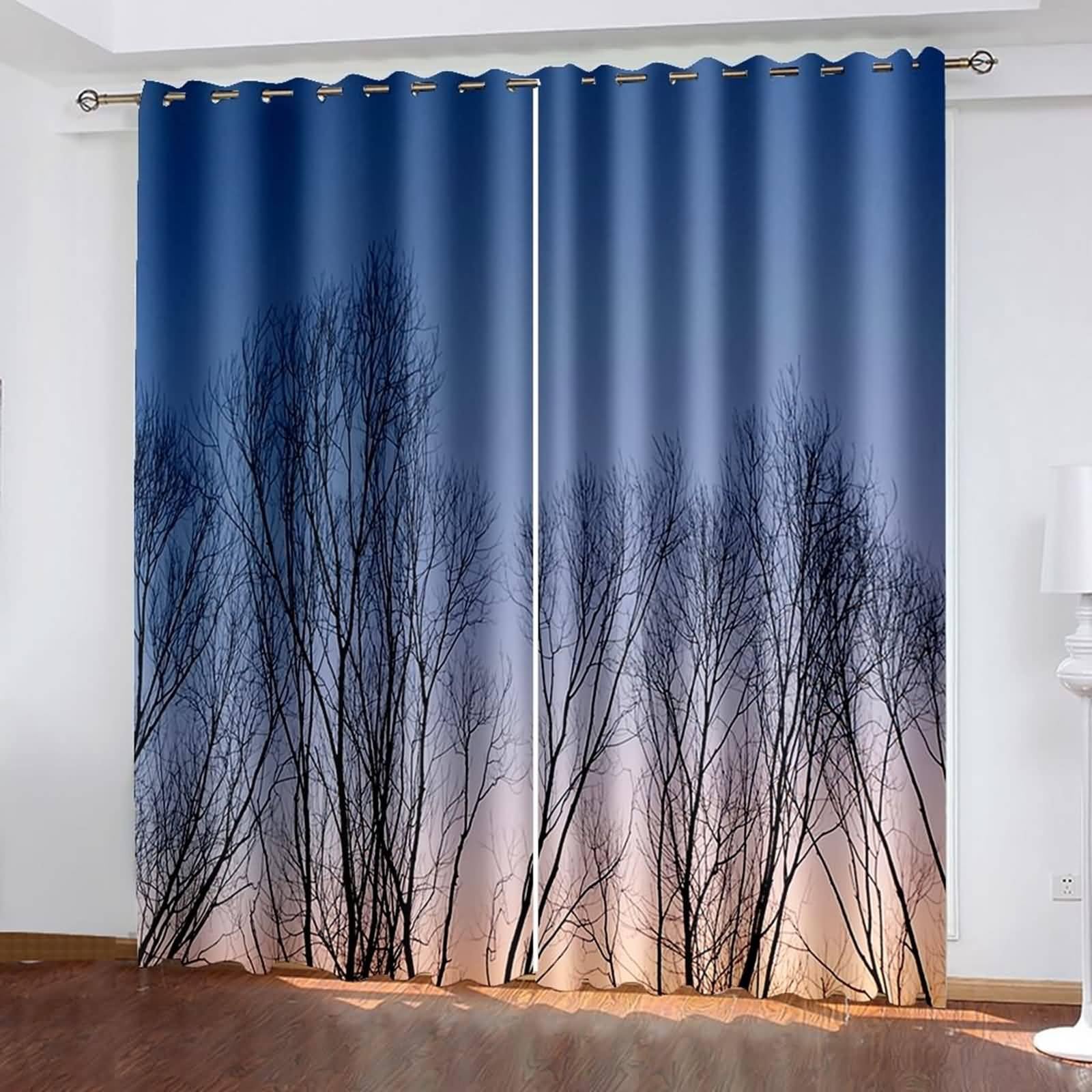 Rideau Pare Soleil Maison, Paysage d'arbres fanés Rideaux à Oeillets pour Salon/Chambre à Coucher, Bleu, 102x214cm