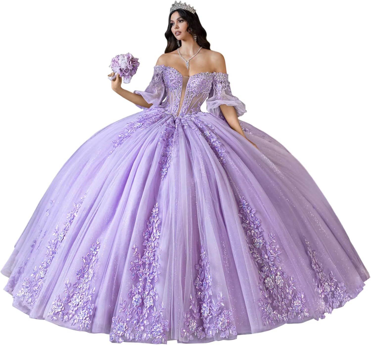 Lace Appliques Quinceanera Dresses Luxury Beaded Ball Gown Glitter Tulle Vestidos de 15 años with Removable Sleeves