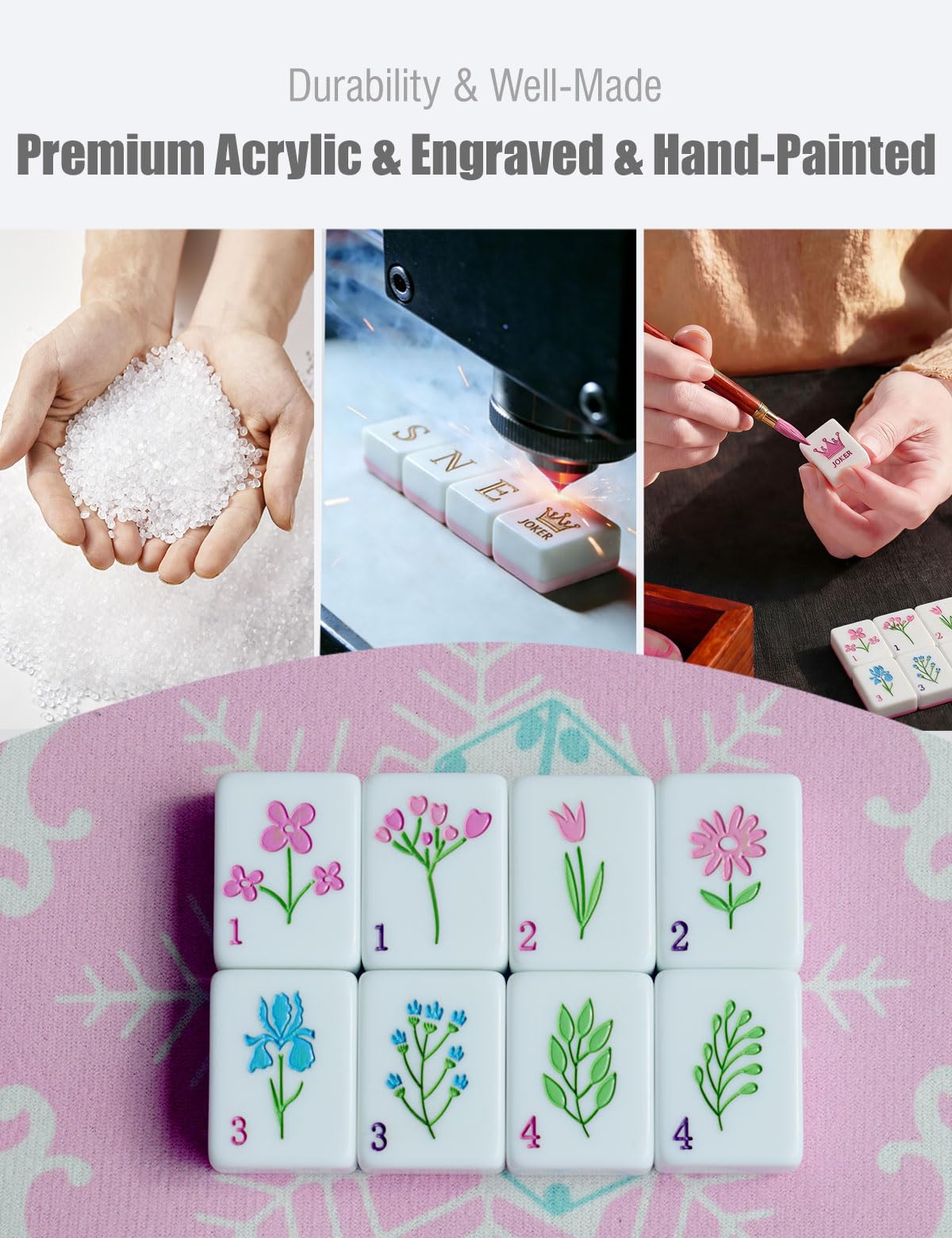 Mahjong zestaw płytek amerykańskich, 160, akrylowe, grawerowane, Mah Jongg, płytki do gry z torbą, 6 kości, akcesoria, prezenty dla początkujących graczy Majong, różowy kwiatowy