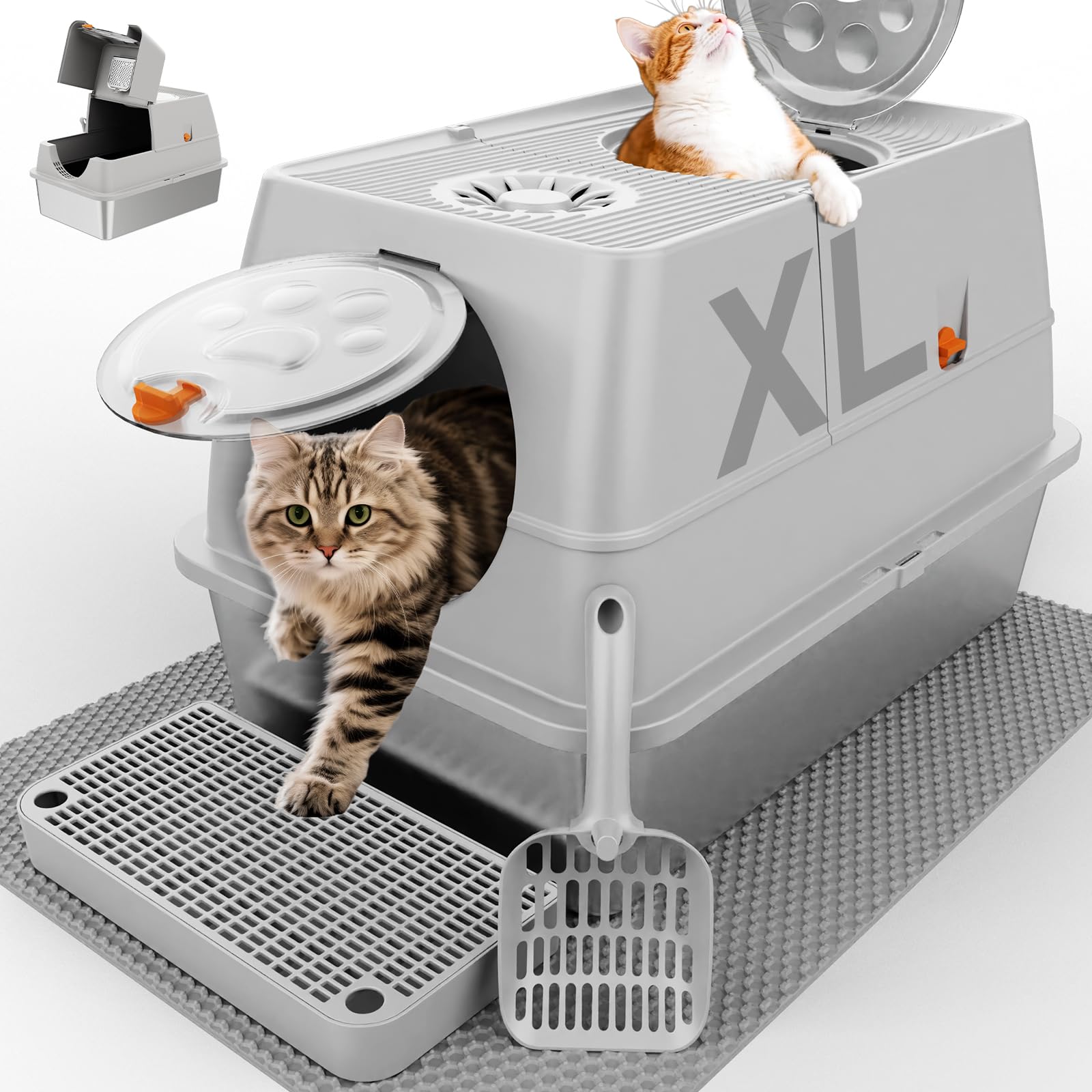 Stainless Steel Litter Box with Lid, XL Extra Large Litter Box, Enclosed Top Entry Metal Litterbox for Big Cats, Easy Cleaning, Anti-Leakage & High Sided with Mat, Aisle & Scoop, Light Grey