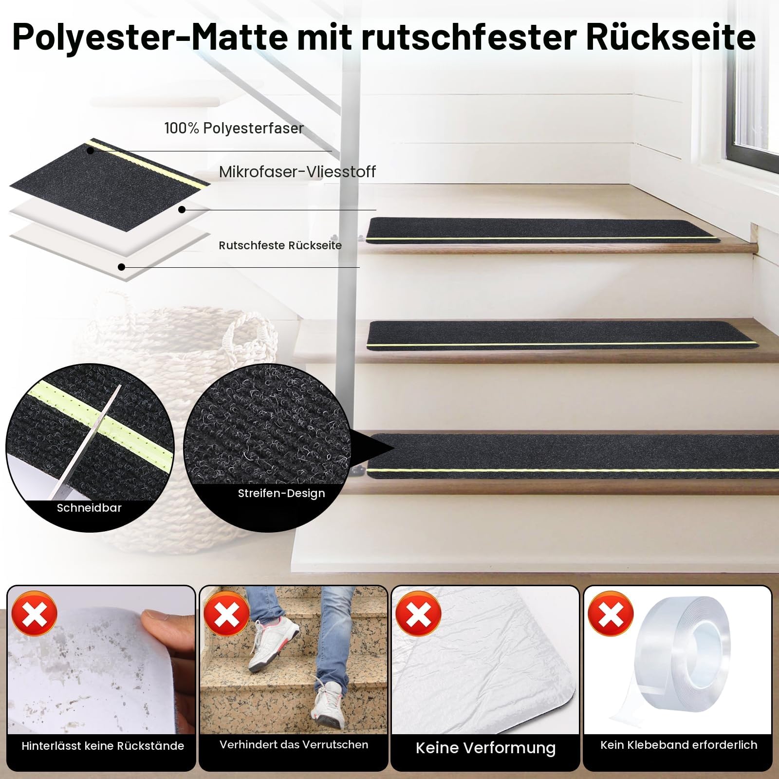 DEKEones 15 Stück Treppenmatten mit Glow in Dark Streifen, 76x20cm Treppenmatten Selbstklebend für Holztreppen, 100% Polyester TPE Rückseite Treppenteppich für Kinder, Ältere und Haustiere（schwarz）