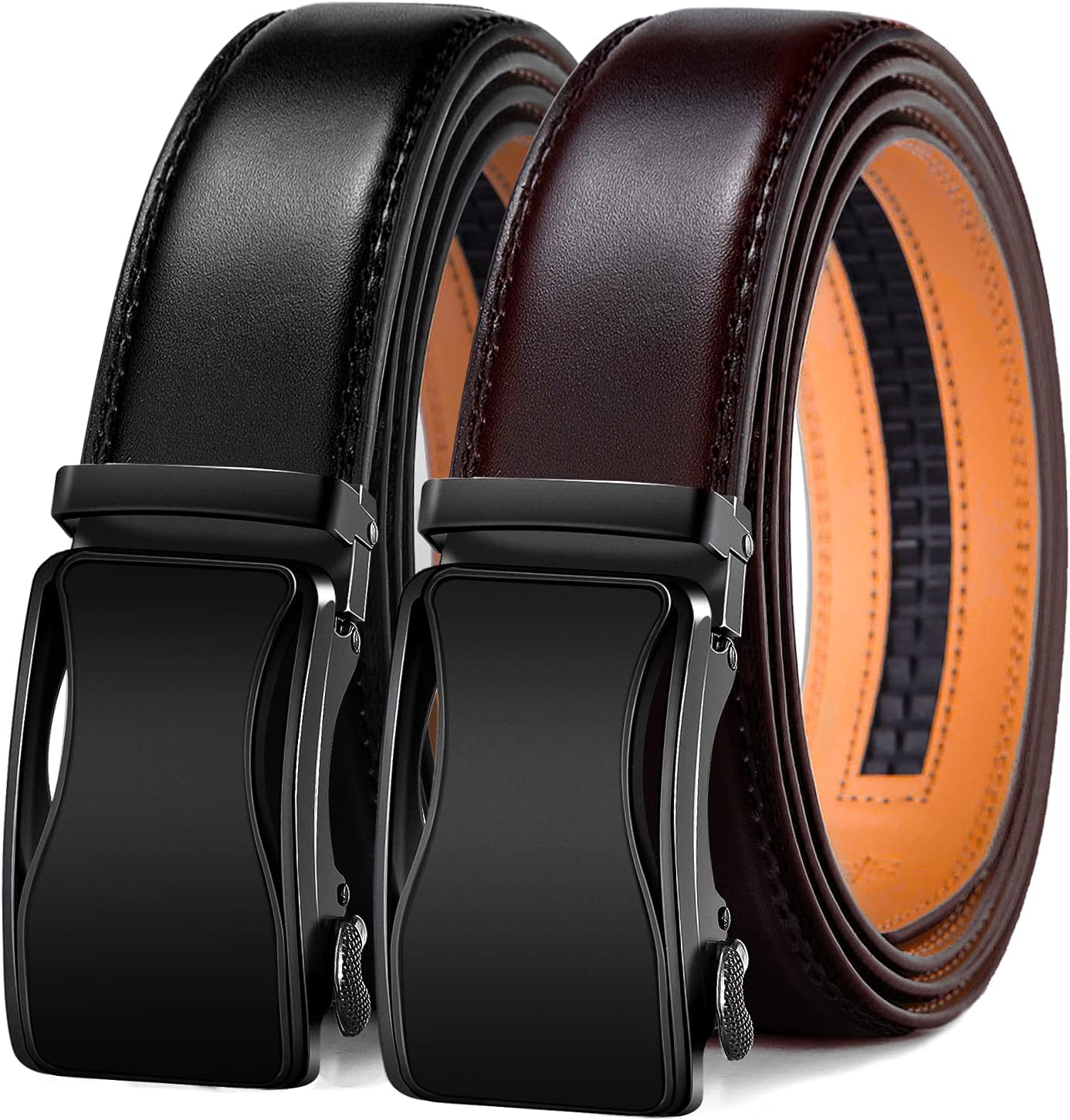 KEMISANTMens Ratchet Belt, Leather Adjustable Slide Belt For Mens Dress Casual Pant 1 3/8",Size Adjustable,2Pack-Black/Burnt Umber 2331,44"-52" Waist Adjustable