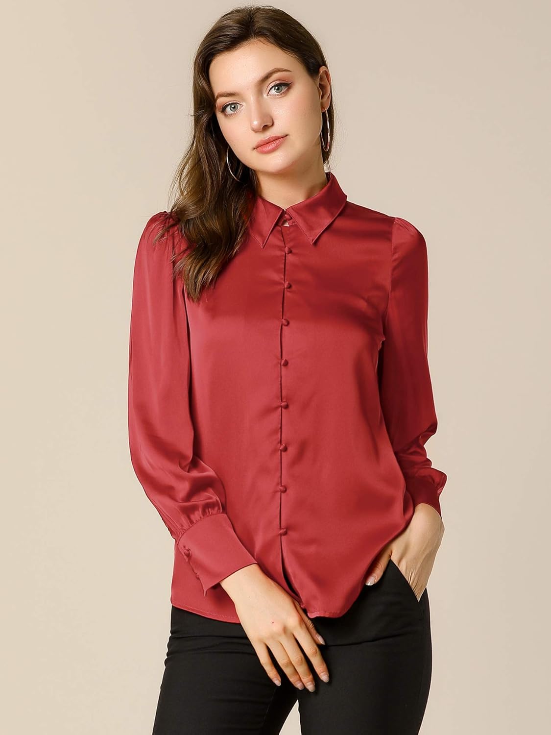 Allegra K Women's Satin Blouse Puff Long Sleeve Collared Button Down Shirt Dressy Office Work Top Business Casual - Image 3