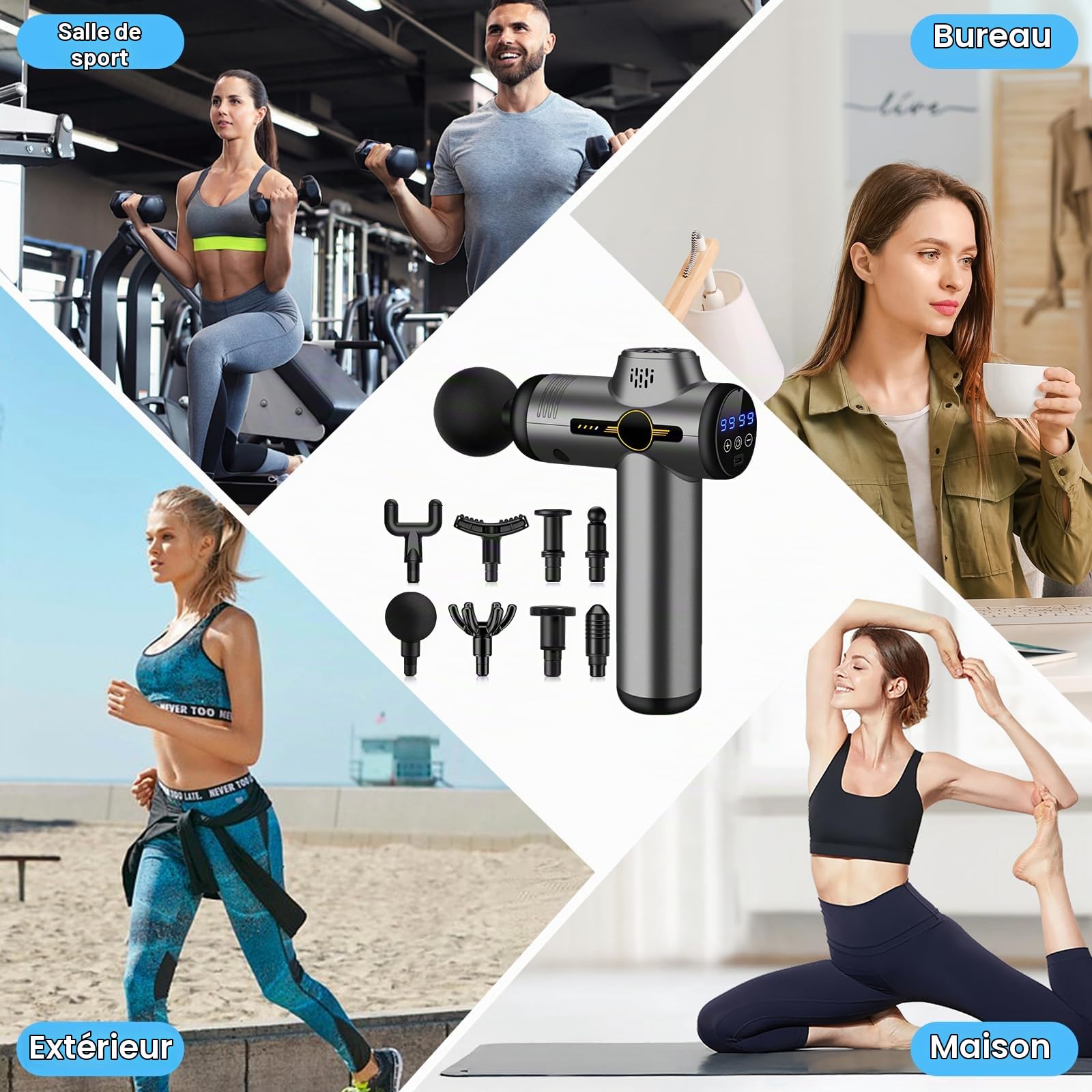 Pistolet de Massage Musculaire Professionnel, 99 Vitesses, 8 Têtes de Massage, Écran LCD - Masseur Électrique Portable pour Dos, Jambes, Épaules - Soulage Douleurs et Raideurs