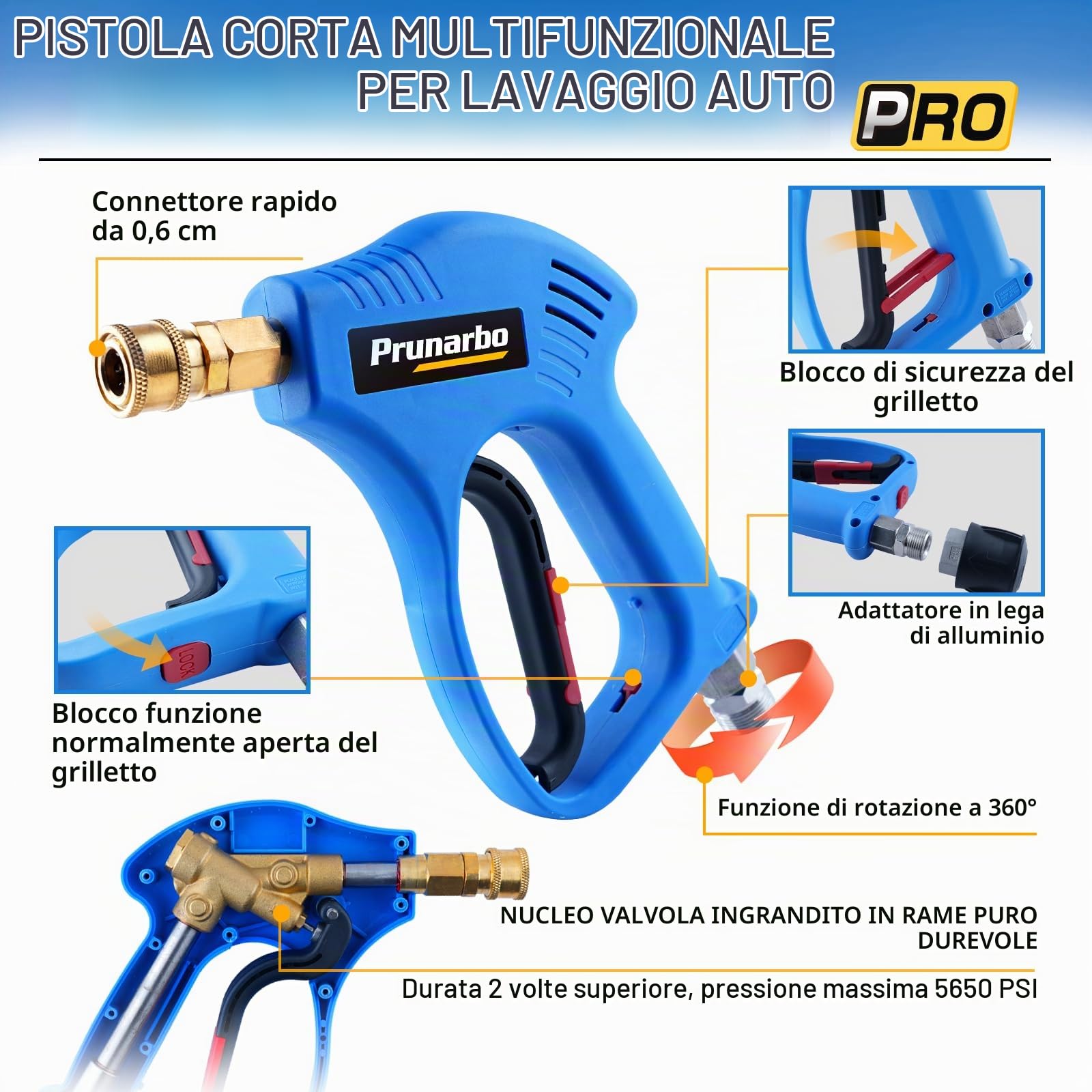 Pistola per Lavaggio a Pressione corta con Girevole - maniglia per acqua ad alta Pressione connettore rapido da 1/4 pollici 5 Punte per ugelli Pistola compatibile con Nilfish/Bosch Series