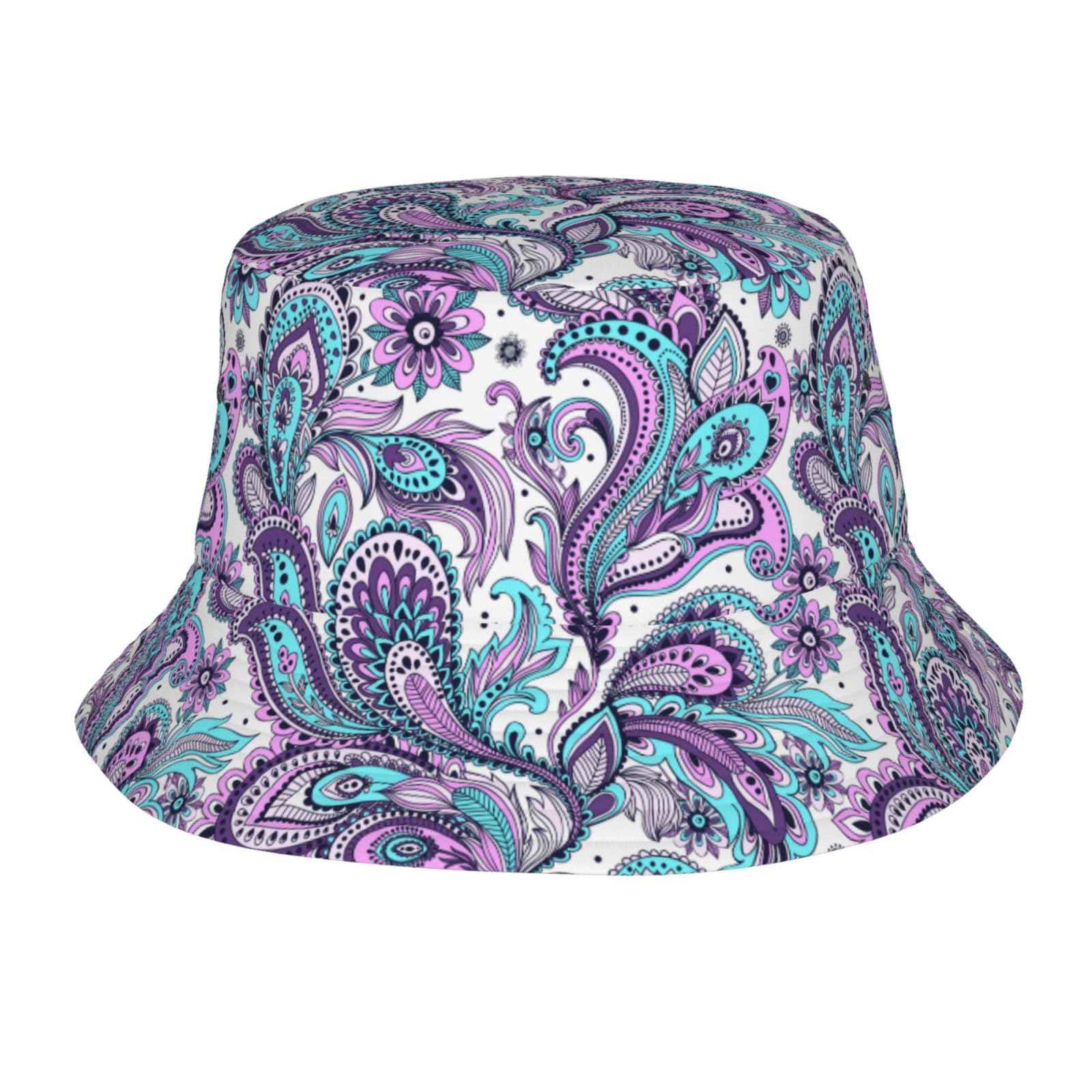 AOOEDM Paisley Blue and Purple Bohemian Flowers Bucket Hat Summer Packable Fisherman Cap Travel Beach Sun Hat
