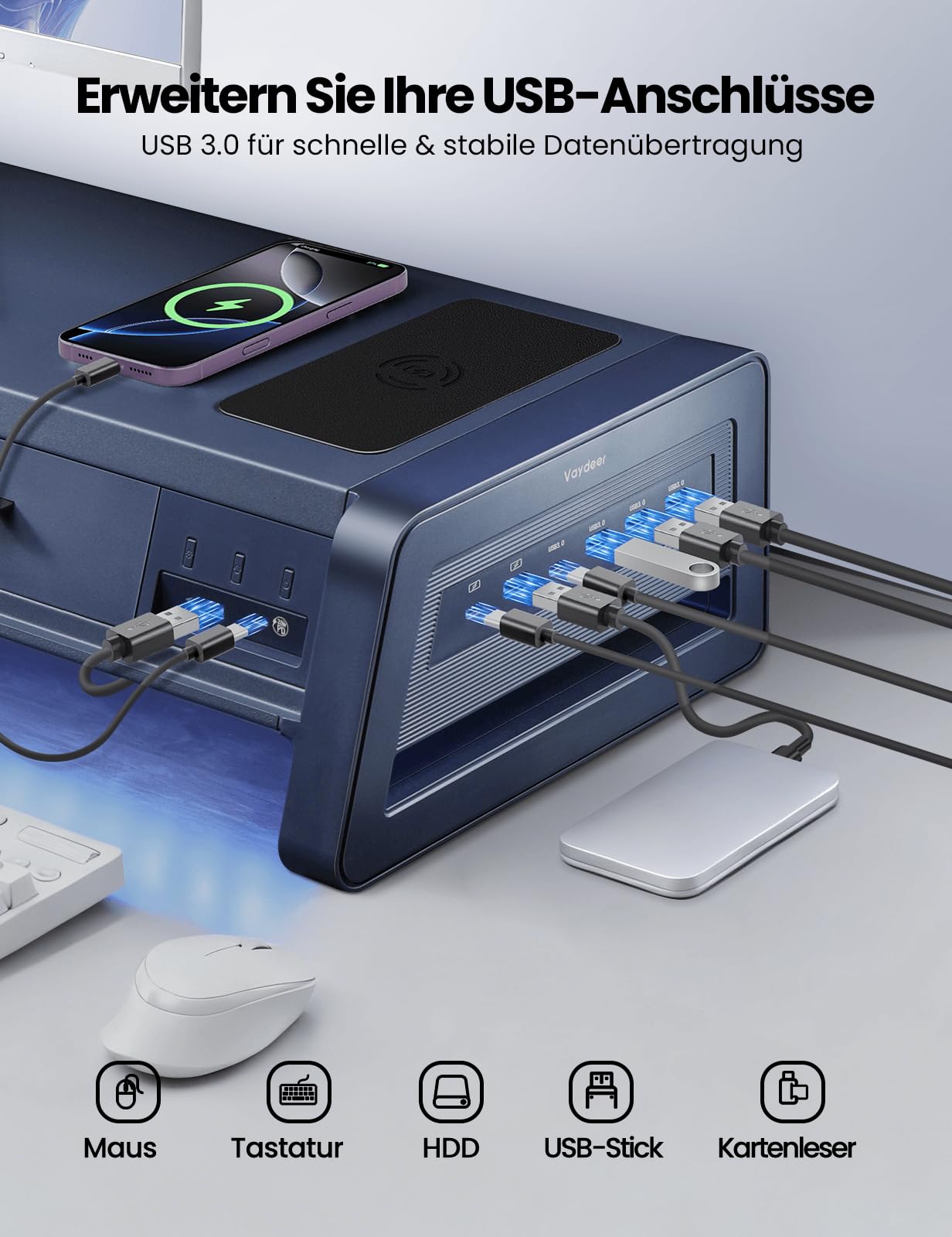 VAYDEER Monitorständer 2 Monitore Bildschirm Stand [Multi-USB] [Handy-Ständer] [Schublade] [Kabel Organizer] [4 LED Modi] Schreibtisch Erhöhung Zubehör Tischaufsatz für Laptop Computer 50kg (Weiß)