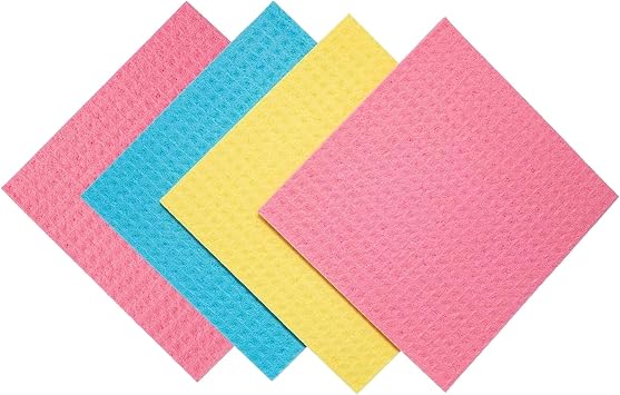Reusable Swedish Dishcloths 4 Pack Ultra Absorbent, Eco-Friendly Kitchen Cleaning Cloths Paper Towel Alternative for Dishes, Counters, Glass & Everyday Wiping